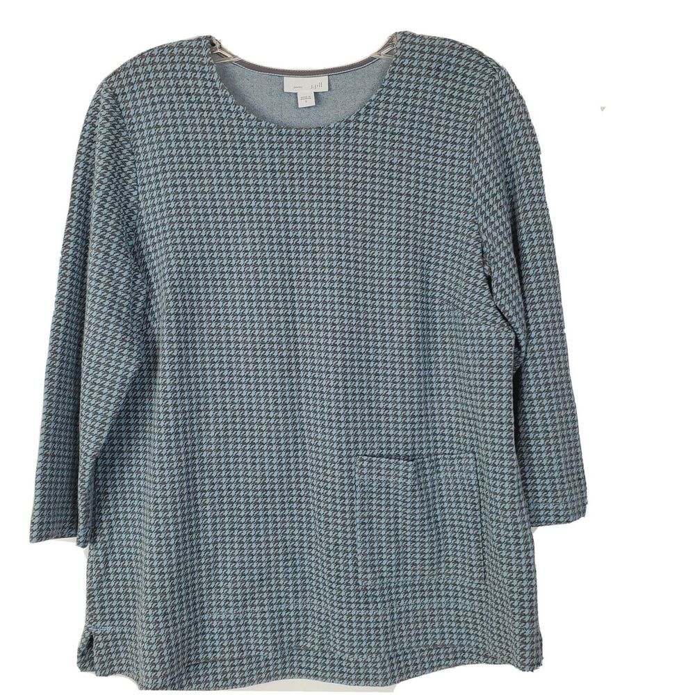 J. Jill Blue Houndstooth Check Ponte Knit Pullover Top Pockets Womens Size S EUC